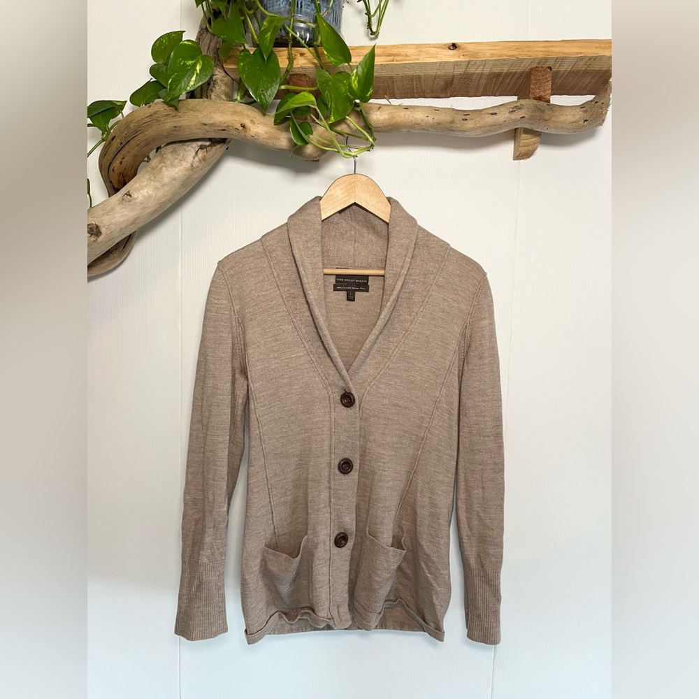 Fenn Wright Manson Taupe Shawl Collar Merino Wool Cardigan